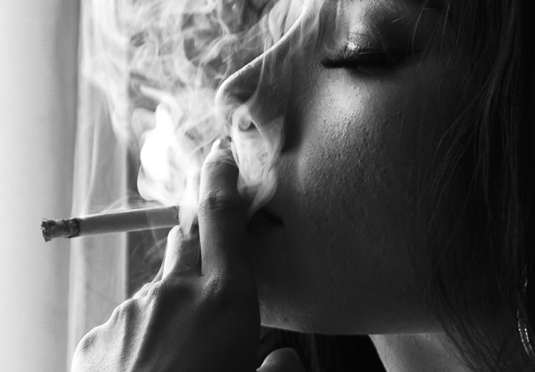 Poster Blissful Moment - black and white photograph of a woman smoking a cigarette 132281 additionalImage 10