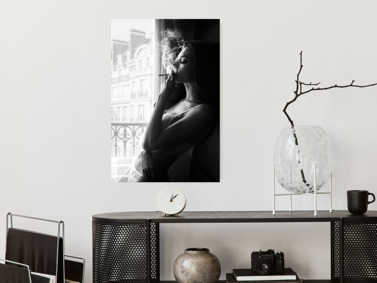 Poster Blissful Moment - black and white photograph of a woman smoking a cigarette 132281 additionalImage 2