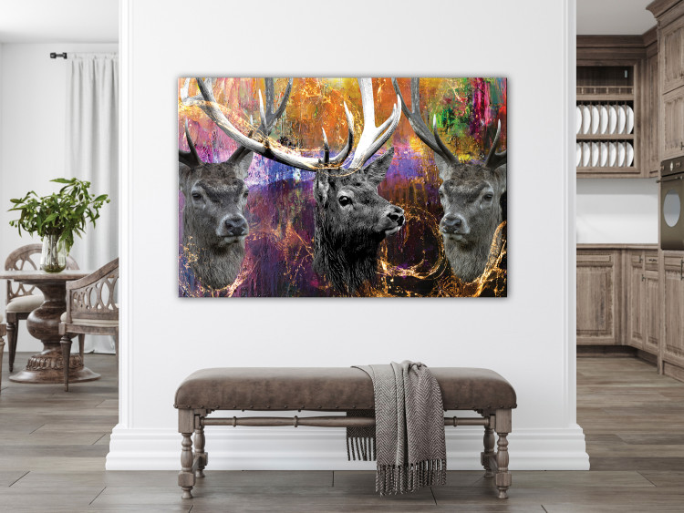 Canvas Art Print Three deer with antlers - Colorful abstraction with animals 136081 additionalImage 3