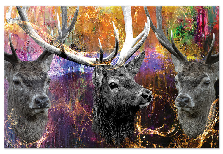Canvas Art Print Three deer with antlers - Colorful abstraction with animals 136081
