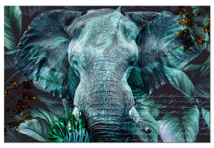 Canvas Art Print In the Turquoise Jungle (1-piece) Wide - elephant's head among leaves 138281