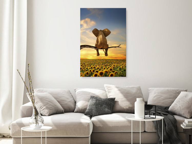 Canvas Print Elephant and Sunflowers (1-piece) Vertical - fantasy with a sunset 142681 additionalImage 3