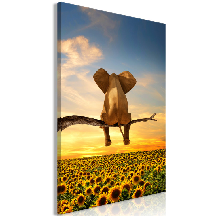 Canvas Print Elephant and Sunflowers (1-piece) Vertical - fantasy with a sunset 142681 additionalImage 2