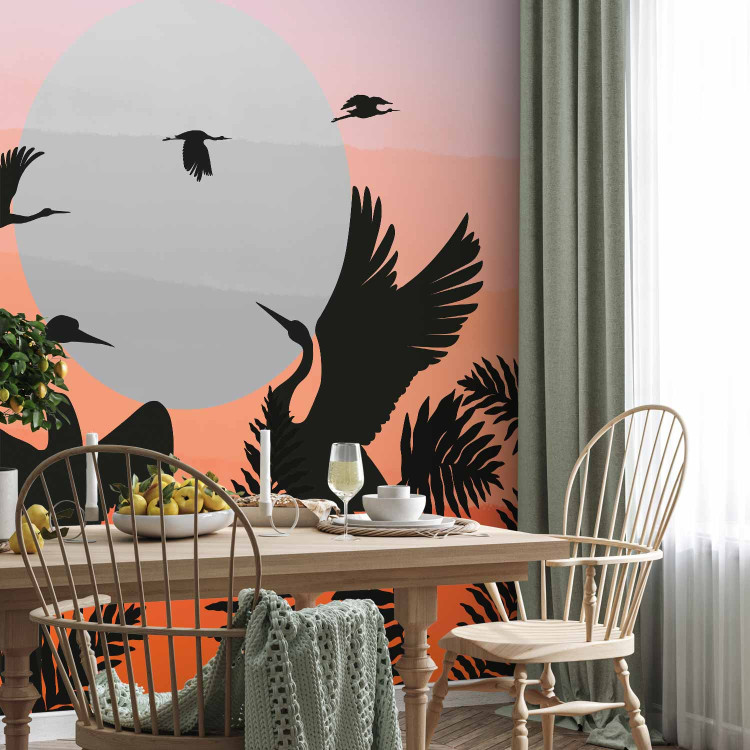 Photo Wallpaper Animals in the fern - birds on an orange sunset background 143881 additionalImage 7