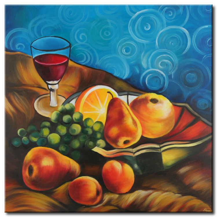Canvas Art Print Nature with Fruits (1-piece) - pears and wine on a blue background 46681
