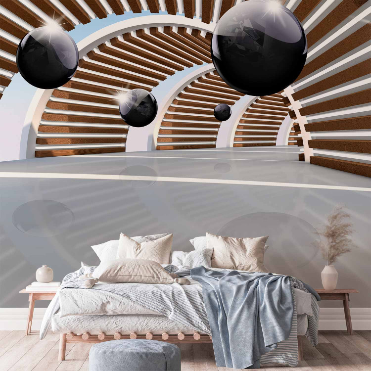 Photo Wallpaper Futuristic tunnel - black spheres with glow in a spatial tunnel 71281 additionalImage 2