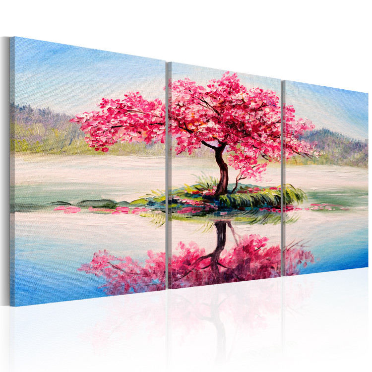 Canvas Print Sakura Island (3-piece) - Blossoming Cherry Tree in the Middle of a Lake 92881 additionalImage 2