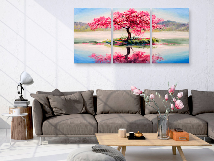 Canvas Print Sakura Island (3-piece) - Blossoming Cherry Tree in the Middle of a Lake 92881 additionalImage 3