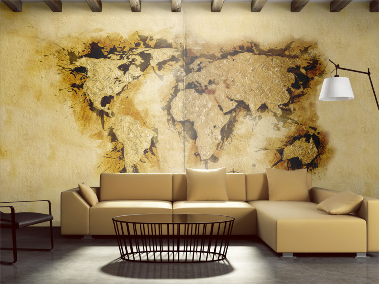 Wall Mural World map - continents in gold with vintage style compass 97081