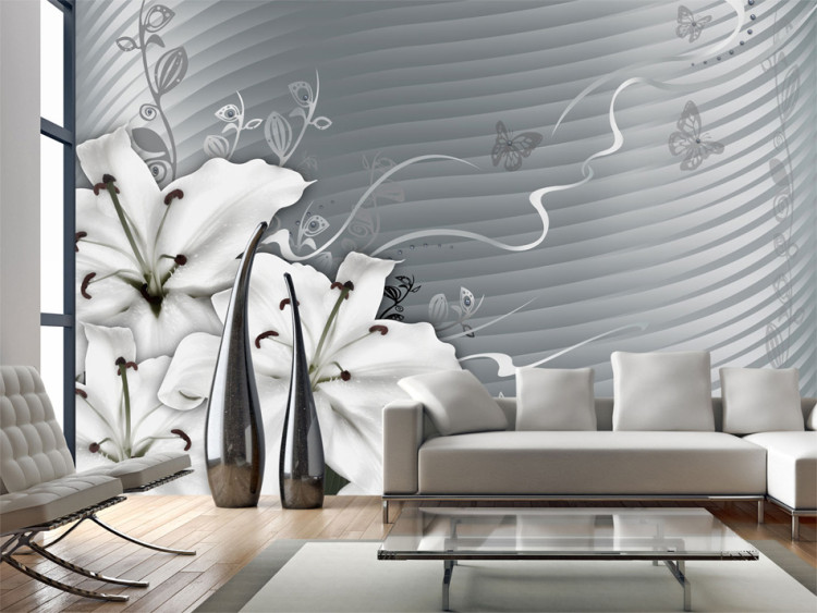 Photo Wallpaper Fantasy with ornaments - white lilies on a grey geometric background 97181