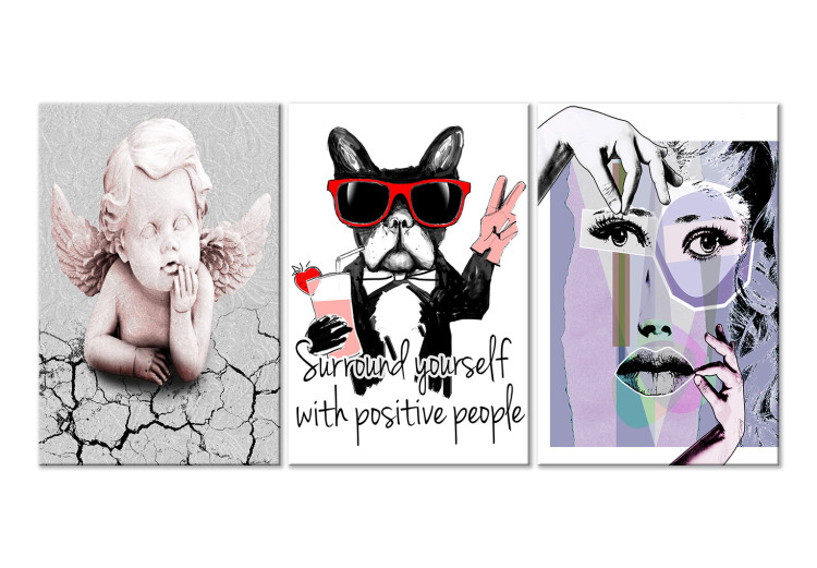 Canvas Art Print Positive Vibrations (3-part) - Portrait of an Angel, Dog, and Woman's Face 117091