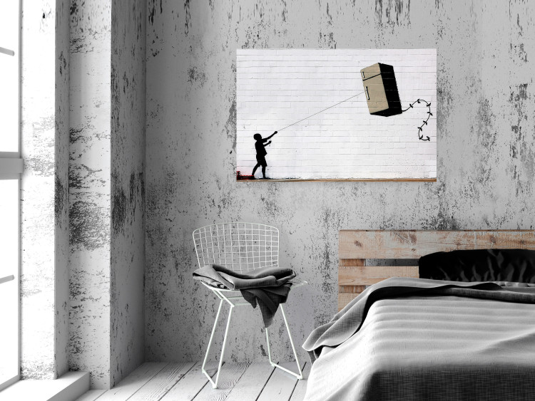 Wall Poster Flying Fridge - Banksy-style graffiti with a boy against a brick background 118791 additionalImage 21