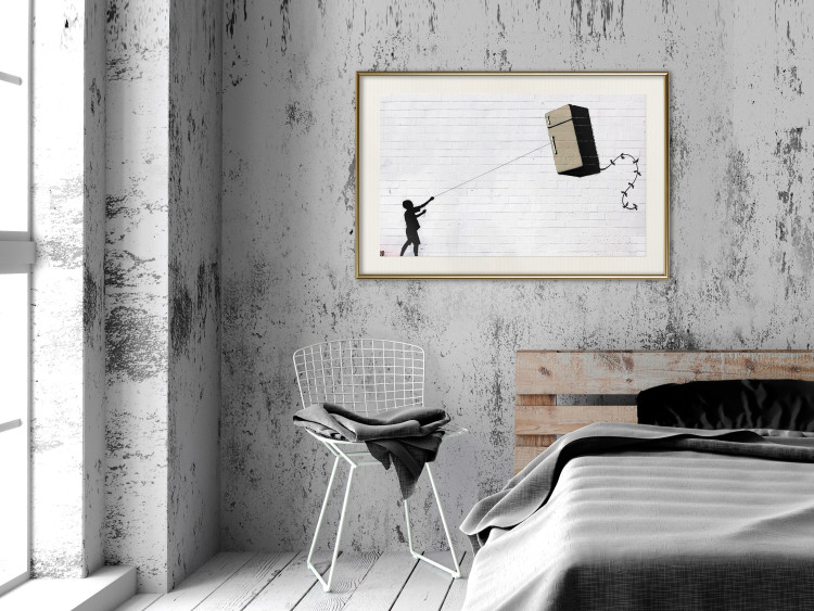 Wall Poster Flying Fridge - Banksy-style graffiti with a boy against a brick background 118791 additionalImage 22