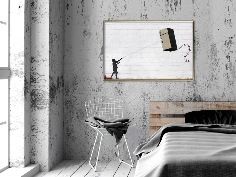 Wall Poster Flying Fridge - Banksy-style graffiti with a boy against a brick background 118791 additionalImage 7