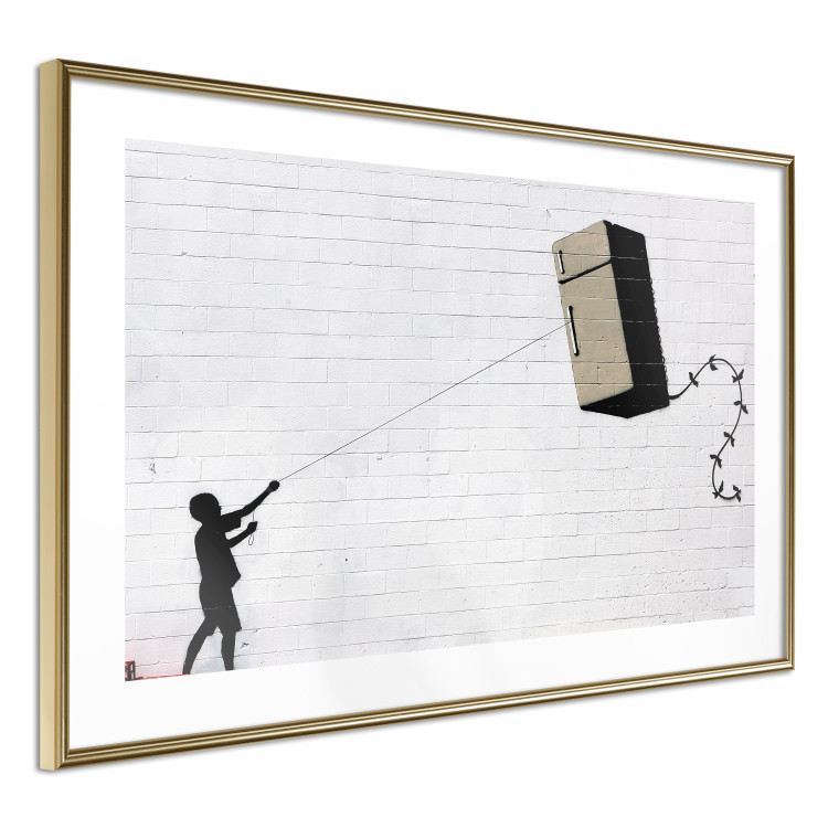 Wall Poster Flying Fridge - Banksy-style graffiti with a boy against a brick background 118791 additionalImage 8