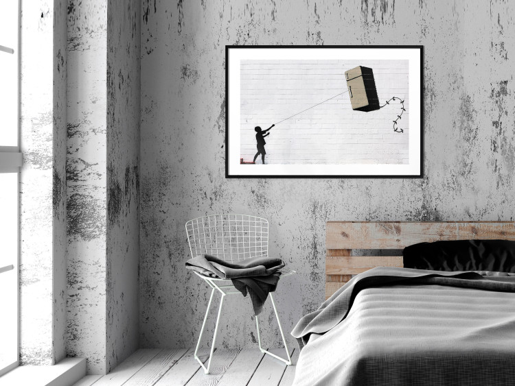 Wall Poster Flying Fridge - Banksy-style graffiti with a boy against a brick background 118791 additionalImage 6