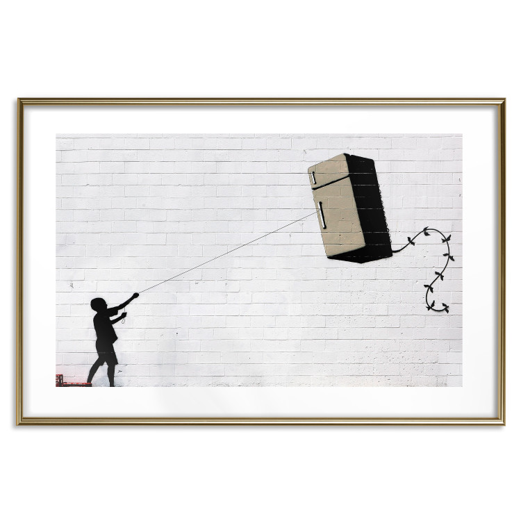Wall Poster Flying Fridge - Banksy-style graffiti with a boy against a brick background 118791 additionalImage 17