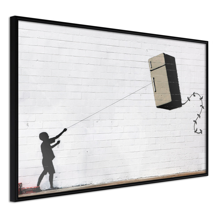 Wall Poster Flying Fridge - Banksy-style graffiti with a boy against a brick background 118791 additionalImage 12