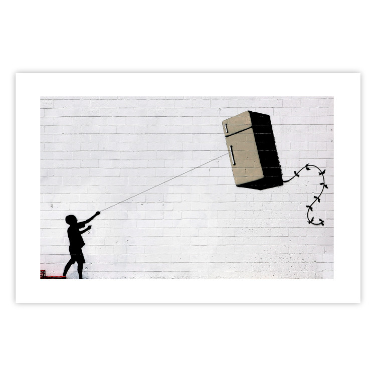 Wall Poster Flying Fridge - Banksy-style graffiti with a boy against a brick background 118791 additionalImage 26