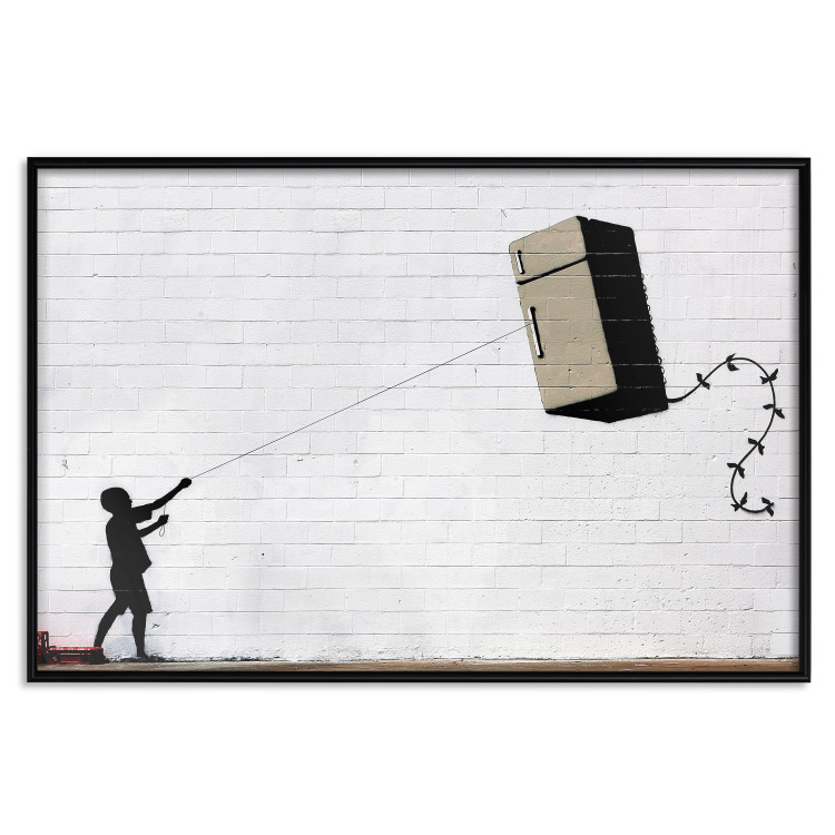 Wall Poster Flying Fridge - Banksy-style graffiti with a boy against a brick background 118791 additionalImage 25
