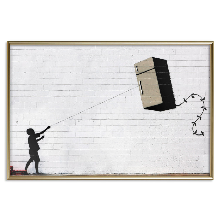 Wall Poster Flying Fridge - Banksy-style graffiti with a boy against a brick background 118791 additionalImage 27
