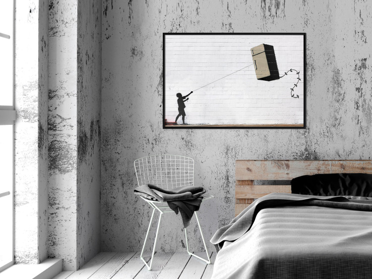Wall Poster Flying Fridge - Banksy-style graffiti with a boy against a brick background 118791 additionalImage 5