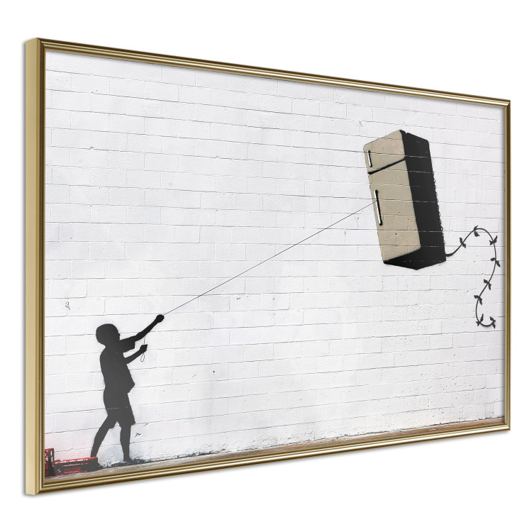 Wall Poster Flying Fridge - Banksy-style graffiti with a boy against a brick background 118791 additionalImage 14