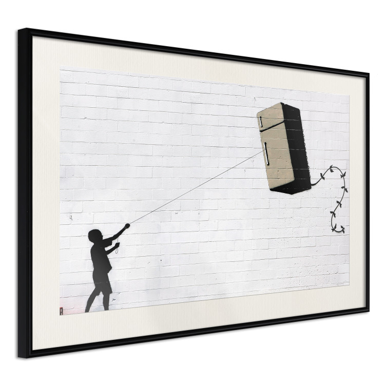 Wall Poster Flying Fridge - Banksy-style graffiti with a boy against a brick background 118791 additionalImage 3