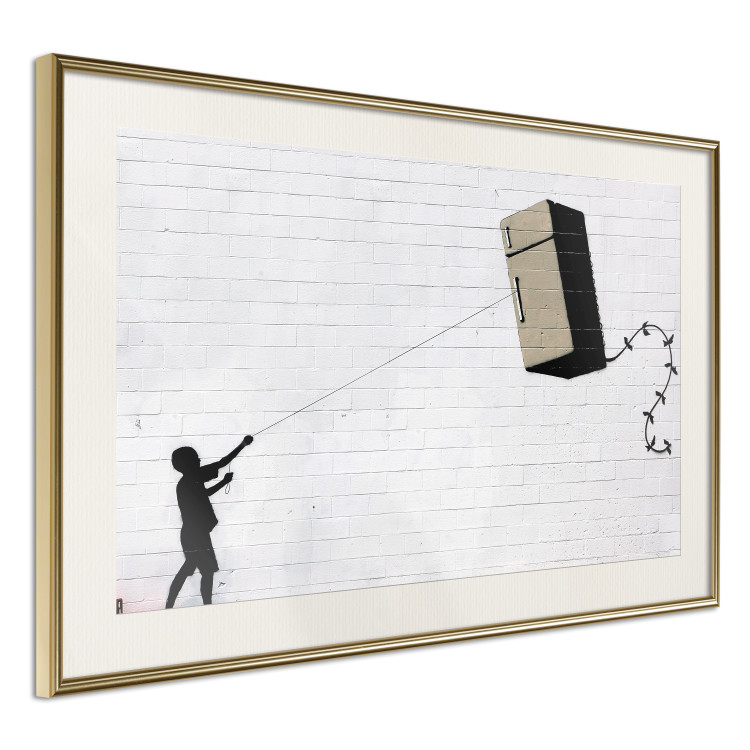 Wall Poster Flying Fridge - Banksy-style graffiti with a boy against a brick background 118791 additionalImage 2