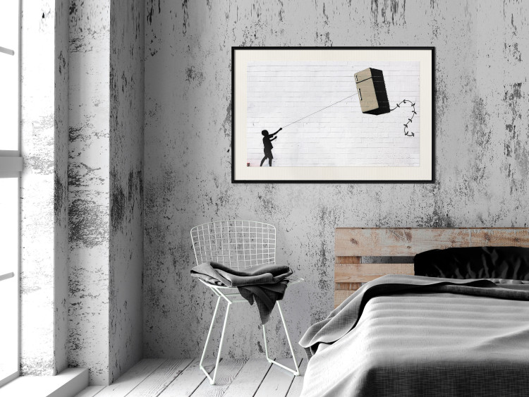 Wall Poster Flying Fridge - Banksy-style graffiti with a boy against a brick background 118791 additionalImage 16