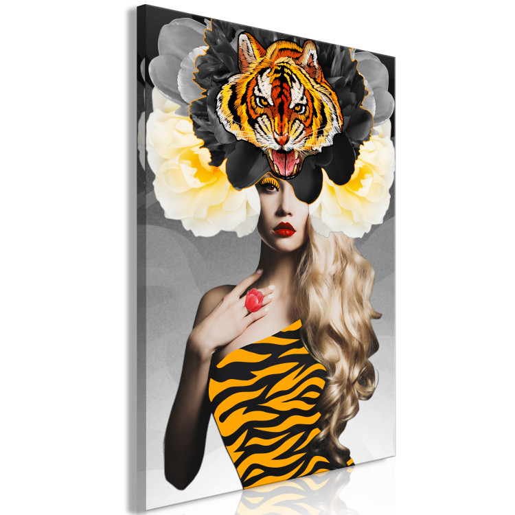 Canvas Art Print Woman with flowers and tiger - abstract portrait on grey background 127791 additionalImage 2
