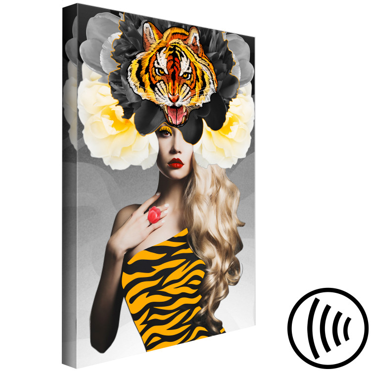 Canvas Art Print Woman with flowers and tiger - abstract portrait on grey background 127791 additionalImage 6