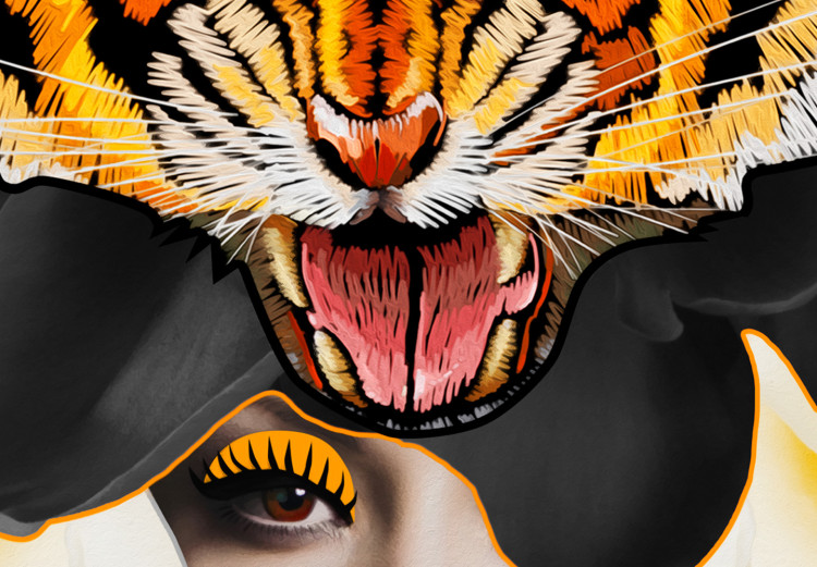 Canvas Art Print Woman with flowers and tiger - abstract portrait on grey background 127791 additionalImage 5
