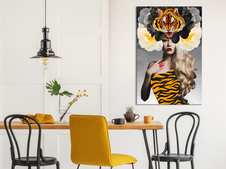 Canvas Art Print Woman with flowers and tiger - abstract portrait on grey background 127791 additionalImage 3