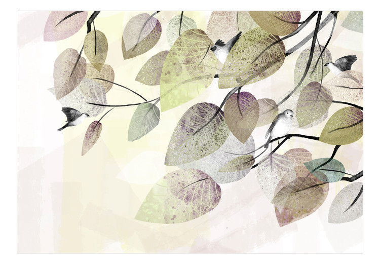 Photo Wallpaper Birds among leaves - a floral theme maintained in gray-green colors 138191 additionalImage 1
