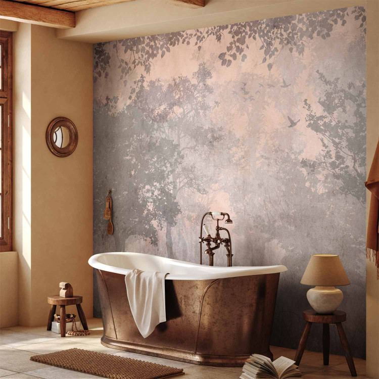 Wall Mural Pink dawn - subtle landscape of a misty forest with trees and birds 142691 additionalImage 8