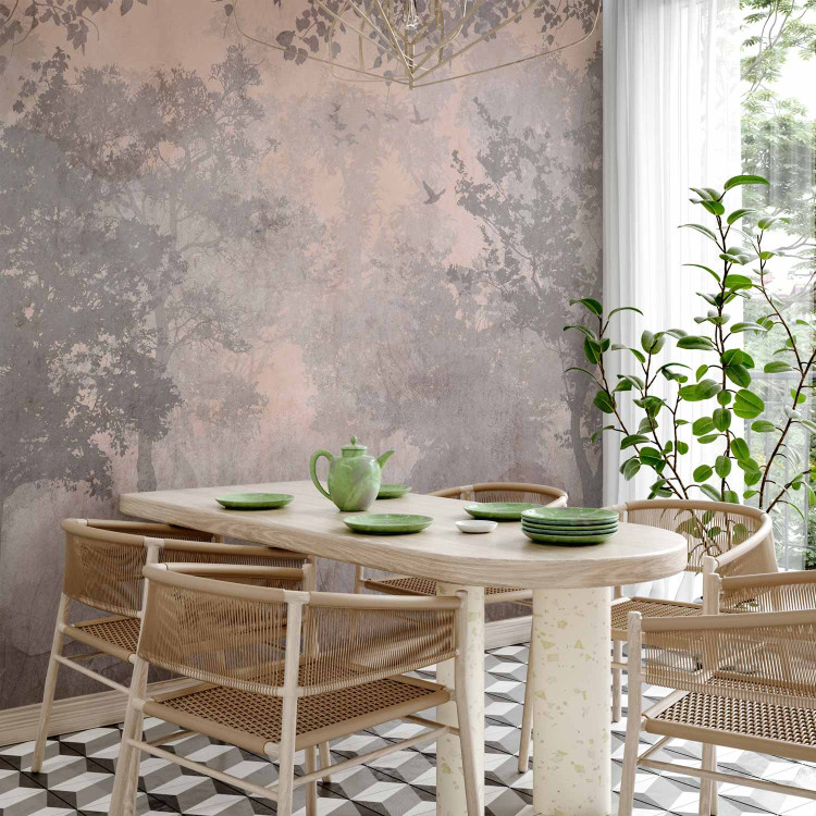 Wall Mural Pink dawn - subtle landscape of a misty forest with trees and birds 142691 additionalImage 7