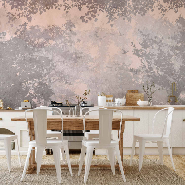 Wall Mural Pink dawn - subtle landscape of a misty forest with trees and birds 142691 additionalImage 6