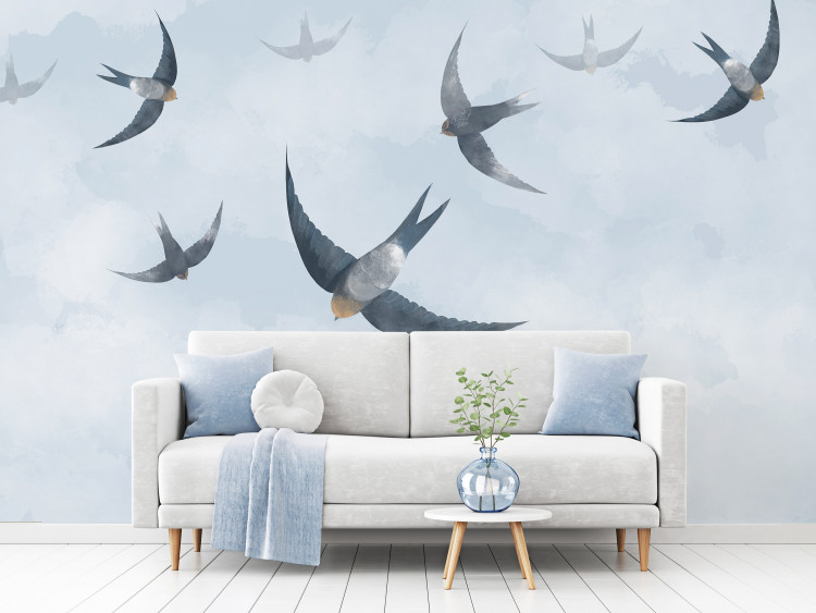 Photo Wallpaper Birds in flight - animals on a background of calm sky in shades of blue 143791