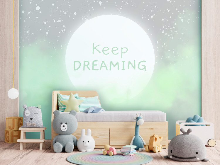 Wall Mural Keep Dreaming inscription on the moon - sky and clouds in shades of green 144691