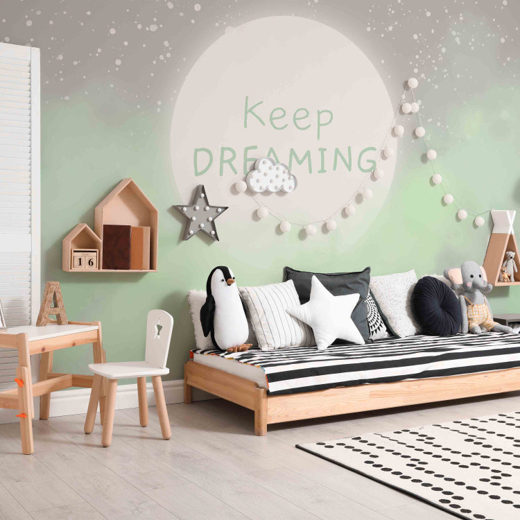 Wall Mural Keep Dreaming inscription on the moon - sky and clouds in shades of green 144691 additionalImage 4