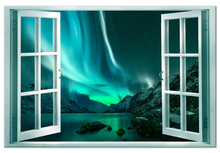 Canvas Print Window View (1-piece) - nocturnal landscape with aurora in the sky 148891