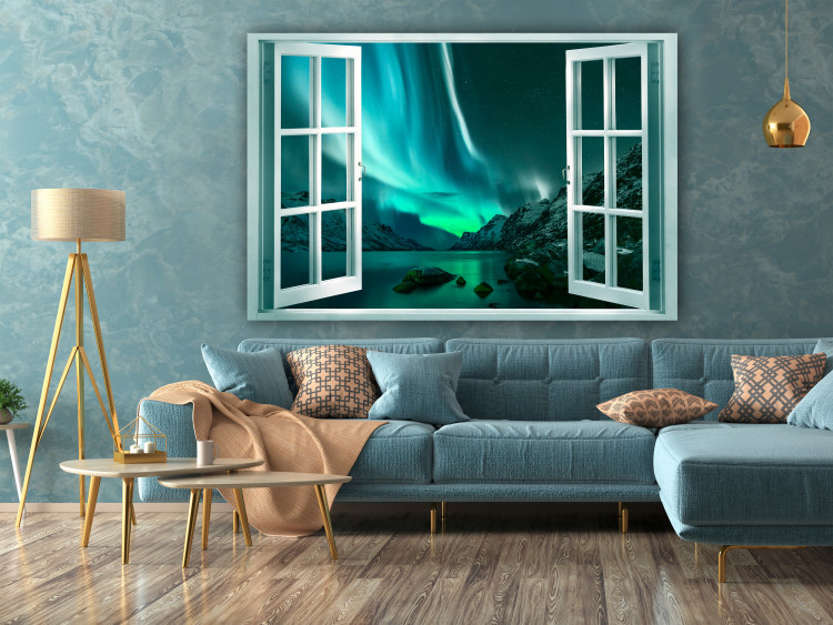 Canvas Print Window View (1-piece) - nocturnal landscape with aurora in the sky 148891 additionalImage 3
