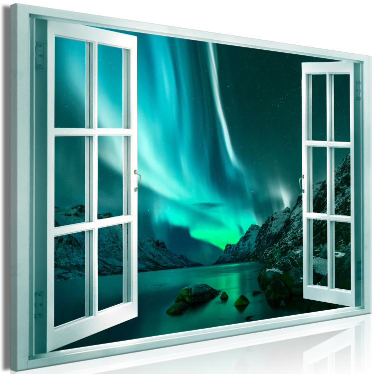 Canvas Print Window View (1-piece) - nocturnal landscape with aurora in the sky 148891 additionalImage 2