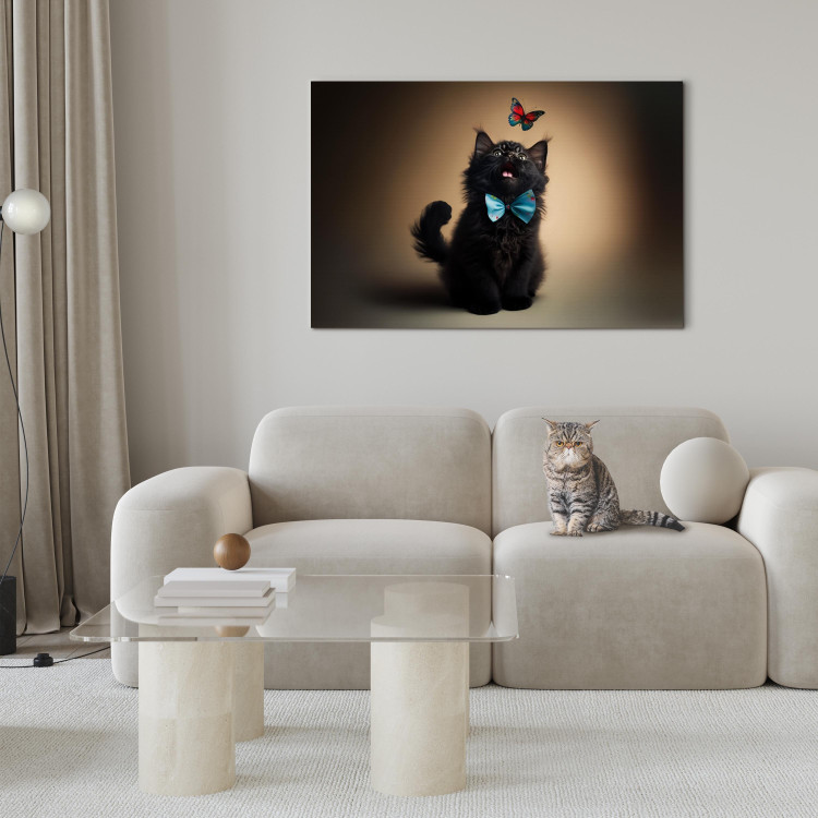 Canvas AI Cat - Animal in a Bow Tie Watching a Colorful Butterfly - Horizontal 150191 additionalImage 3