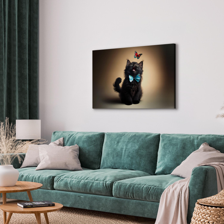 Canvas AI Cat - Animal in a Bow Tie Watching a Colorful Butterfly - Horizontal 150191 additionalImage 4