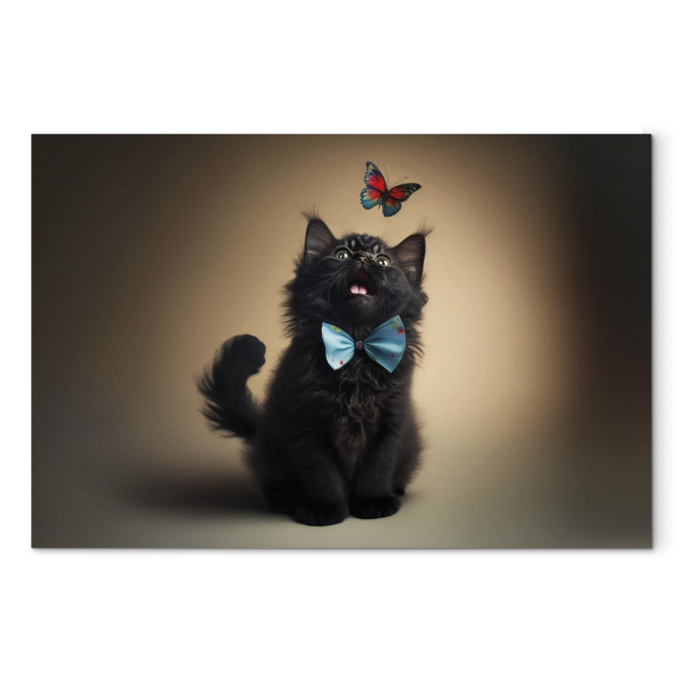 Canvas AI Cat - Animal in a Bow Tie Watching a Colorful Butterfly - Horizontal 150191