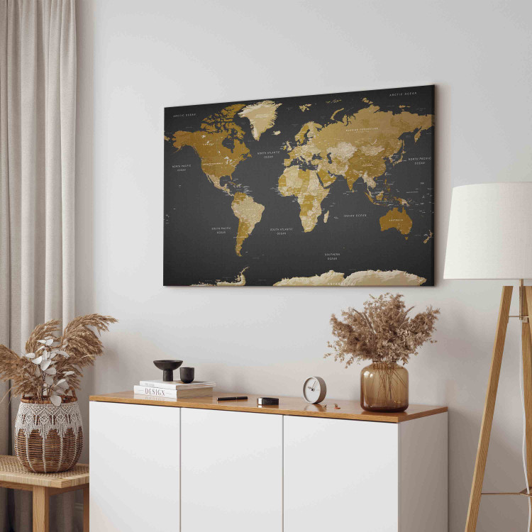 Canvas Art Print Brown Map - Political Division of the World Against the Background of the Black Ocean 151191 additionalImage 4