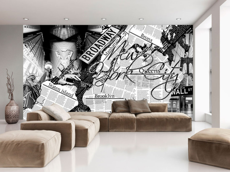 Photo Wallpaper Street Art - Black and White Mural with Inscriptions and Architecture of New York 60691