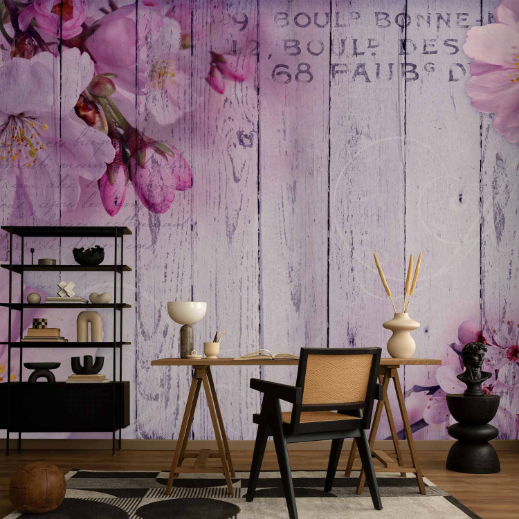 Photo Wallpaper Apple blossoms - violet tones motif on wood textured background 92991 additionalImage 4